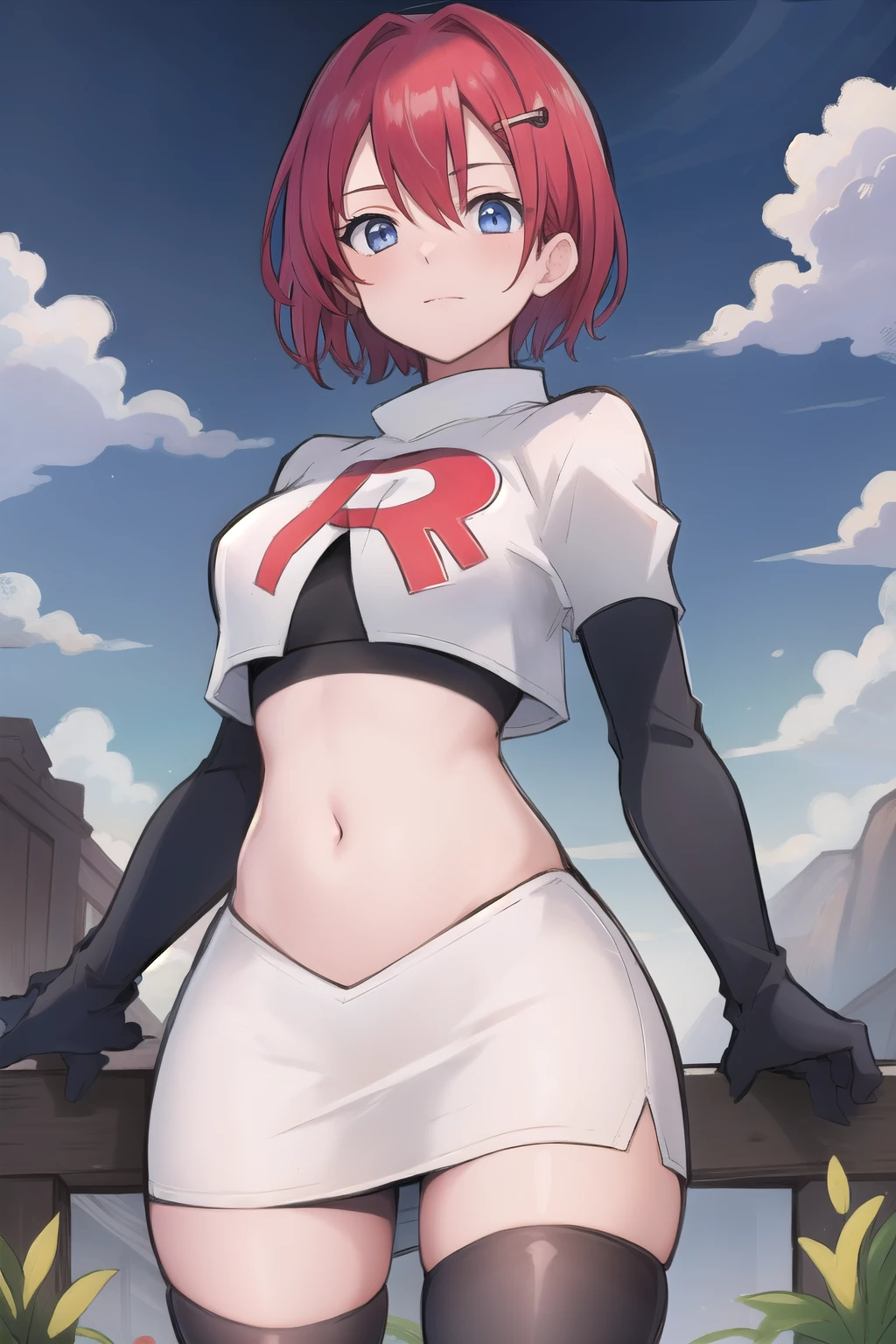 best quality, (masterpiece:1.2), illustration, absurdres, (1girl, solo, beautiful detailed girl),
Emily, short hair, red hair, hair ornament, hairclip, blue eyes, medium breasts,
garrison cap, team rocket,team rocket uniform,white skirt,red letter R,crop top,black thigh-highs,black elbow gloves,
field, sky, clouds, distant mountains,
looking at viewer, 