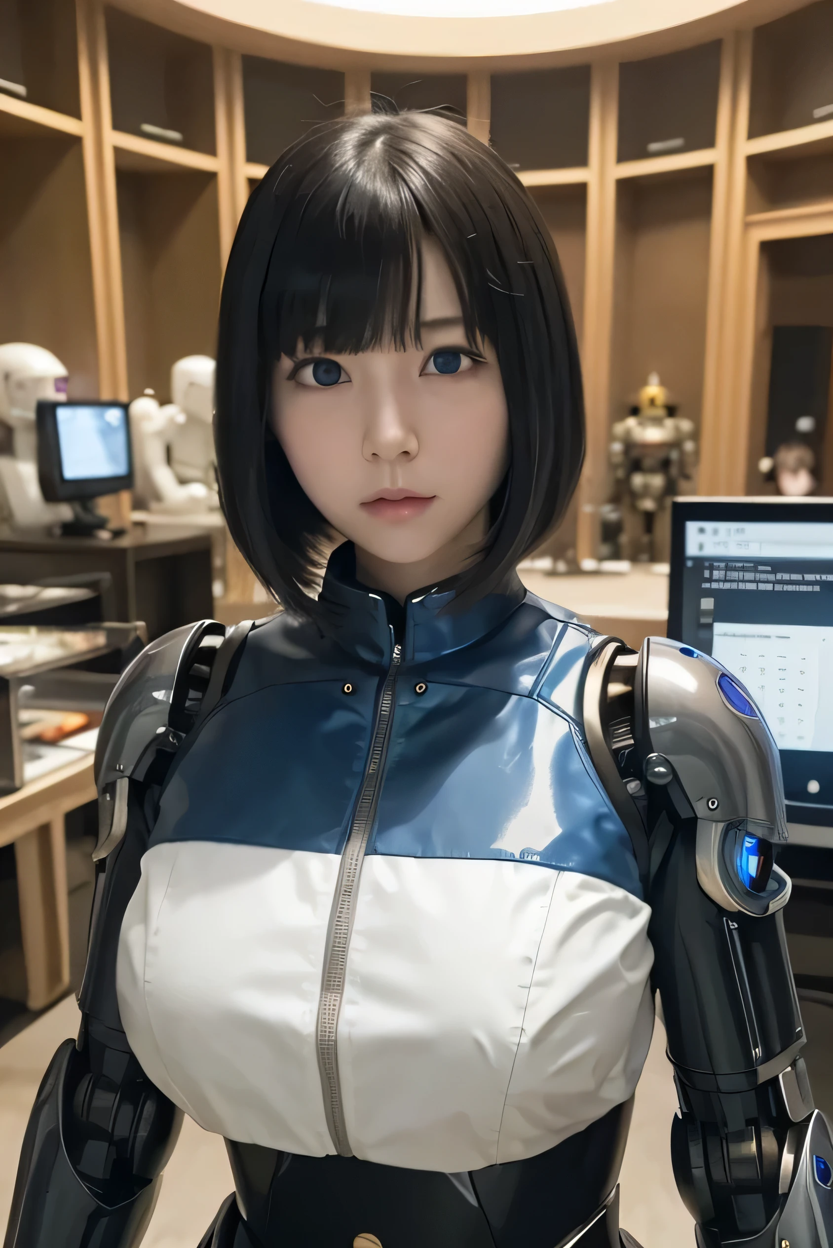 masterpiece, best quality, extremely detailed, Japaese android girl,portrait,Plump,a bit chubby,control panels,android,Droid,Mechanical Hand, Robot arms and legs, Black hair,Blunt bangs,perfect robot girl,long tube,thick cable connected her neck,android,robot,humanoid,cyborg,japanese cyborg girl ,robot-assembly plant,She is assembling now,assembly scene,blue eyes,chest monitor,hypnosis,blank eyes,She is exhibits,museum hall,