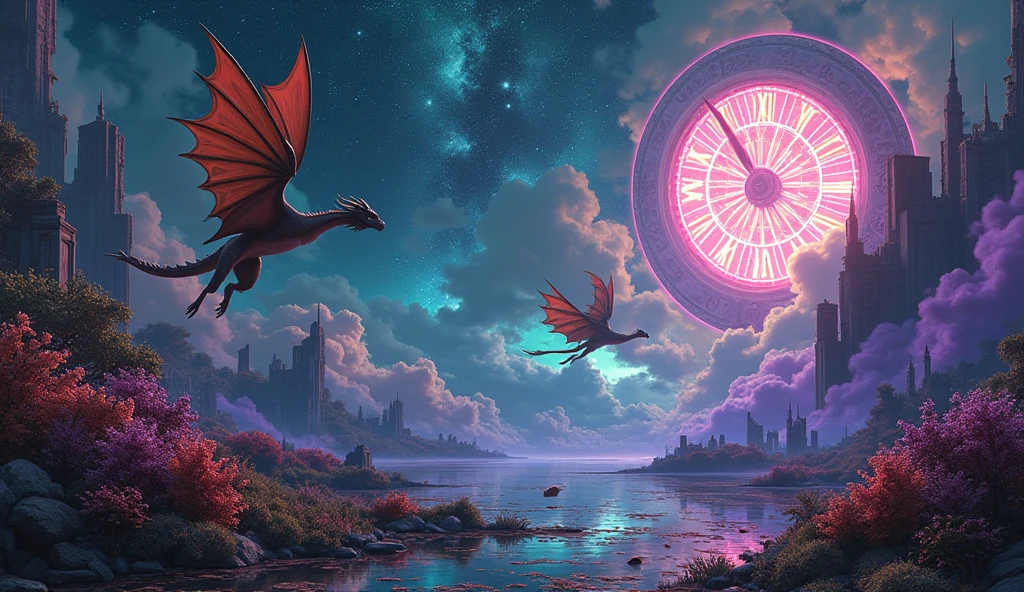 An explosion of visual chaos in a surreal setting: a night sky pulsating with bright neon colors, where stars disintegrate into fragments of light. In the background, a distorted city with buildings that bend and twist into impossible shapes, while melted clocks spread like ink stains. Dragons and mythical creatures fly through clouds of purple and green smoke, and broken clocks and mirrors float in the air. In the foreground, a flower garden with glass petals reflecting chaotic geometric patterns and a waterfall made of light. All in a frenetic mix of distorted realism and abstraction, creating an environment of pure disorder and chaotic beauty.