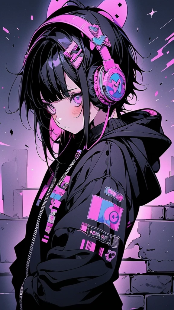 Anime Girls With headphones and music notes on a brick wall, Nightcore, Anime Style 4 k, emo Anime Girls, With headphones, anime ears, cyberpunk Anime Girls in hoodie, Anime Girls, Spectacular 3D Abstract Emo Girl, HD Anime Wallpaper, Anime Style. 8k, Anime Style, (Anime Girls), Black-haired girl wearing a hoodie, Anime Style artwork