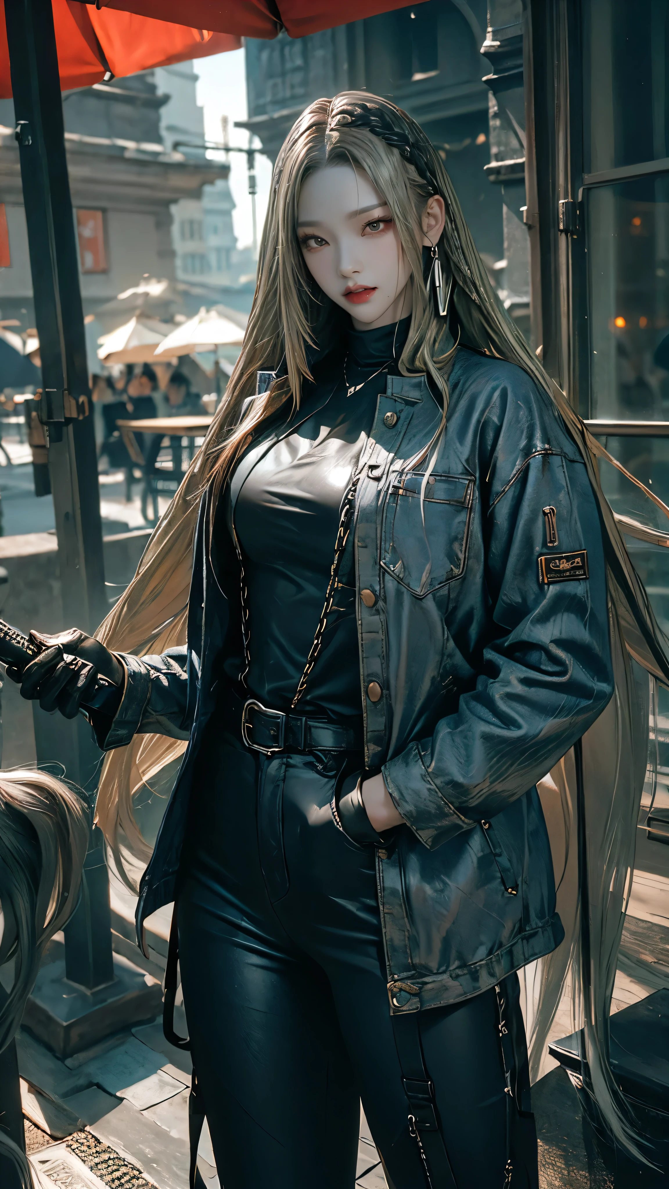 (long silver hair:1.5),Beautiful 25 year old Korean female vampire mercenary, brown skin, (Wearing a blue leather jacket and tight black pants.;1.3), Carrying a rifle, view from the front, waist shot, dynamic pose, Ambient lighting, photographic realism, Intricate facial details, Handcrafted details, very detailed, vivid colors, cinematic, high resolution, Popular styles Raw on Artstation