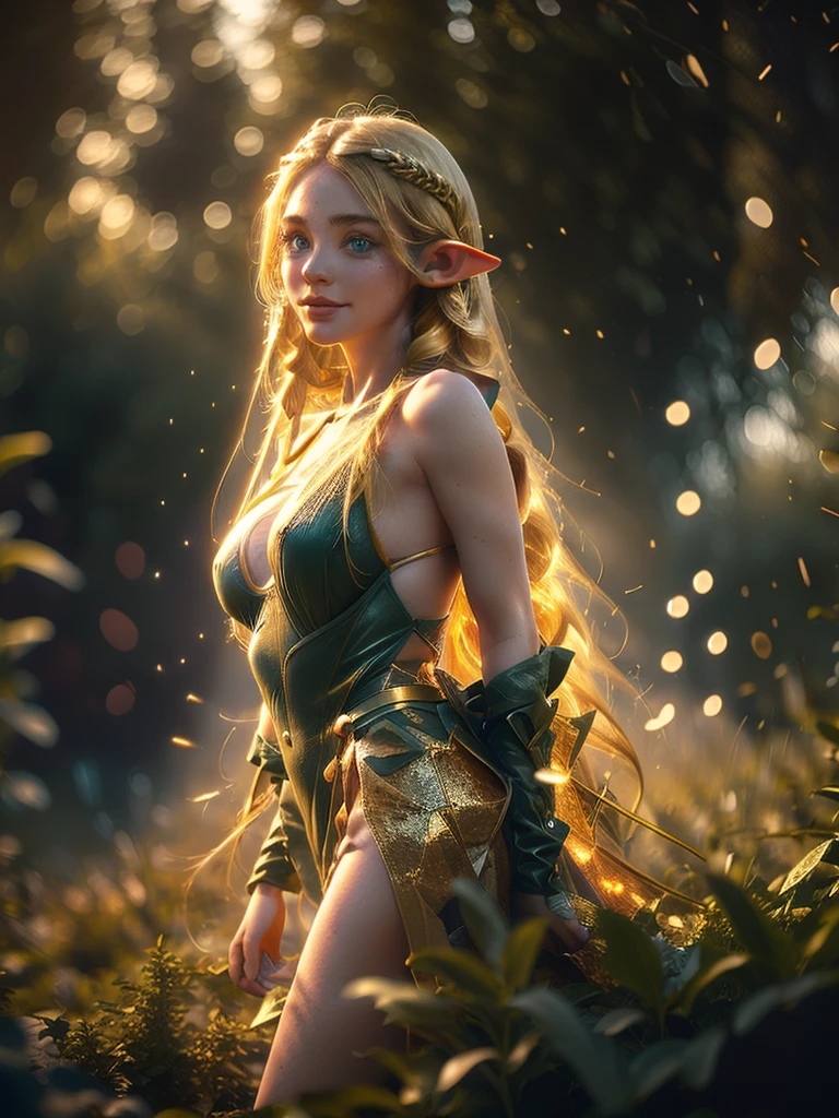 (1 girl elf, beautiful detailed eyes, beautiful detailed lips, extremely detailed eyes and face, long eyelashes, pointy ears, freckles, mole on body, green eyes, cupid's bow lips, braid, looking at viewer, (golden hair:1.3), long hair, flowing hair), fantasy, indie aesthetic, (mystical landscape), woods background, smile, dynamic pose, vibrant color, soft shadow, contrast, refraction, perspective, depth, good anatomy, perfect body, (big breast), stunning details