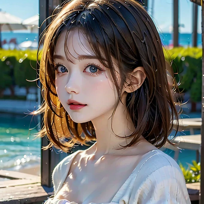 Anime girl with long white hair and blue eyes standing on the beach, artwork in the style of Gu Weiss, Gu Weiss, White hair girl, White-haired deity, Gu Weiss on pixiv artstation, Perfect white-haired girl, Gu Weiss on artstation pixiv, Detailed digital anime art, Beautiful anime portrait, Clean and detailed anime art