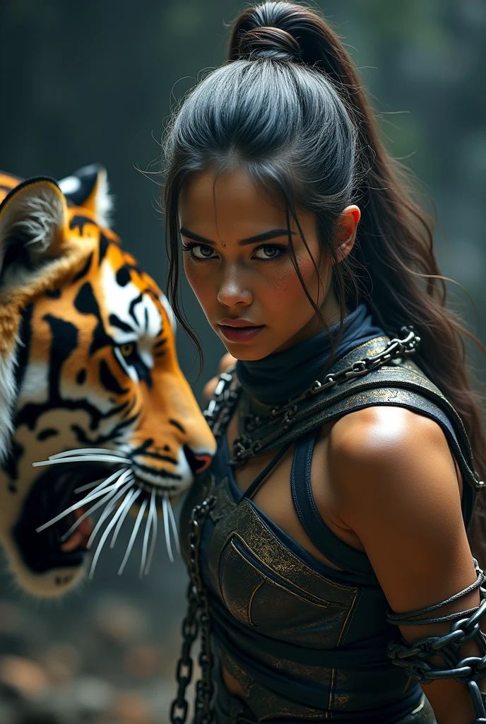 a female warrior chained, fighting a tiger, detailed face, beautiful eyes, detailed skin, intricate armor, detailed tiger, dramatic lighting, cinematic composition, epic fantasy, dark moody colors, dramatic shadows, high quality, 8k, ultra-detailed, masterpiece