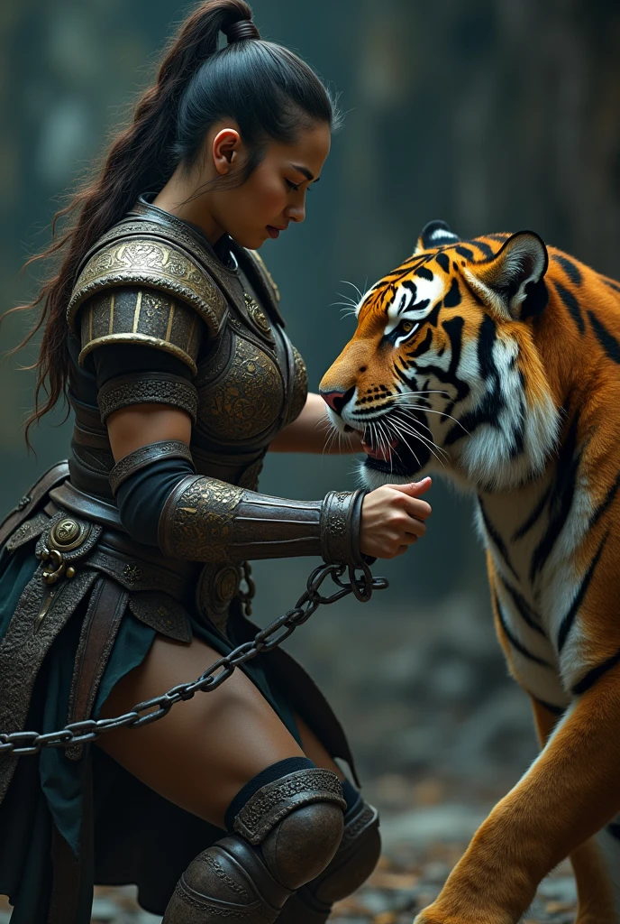 a female warrior chained, fighting a tiger, detailed face, beautiful eyes, detailed skin, intricate armor, detailed tiger, dramatic lighting, cinematic composition, epic fantasy, dark moody colors, dramatic shadows, high quality, 8k, ultra-detailed, masterpiece