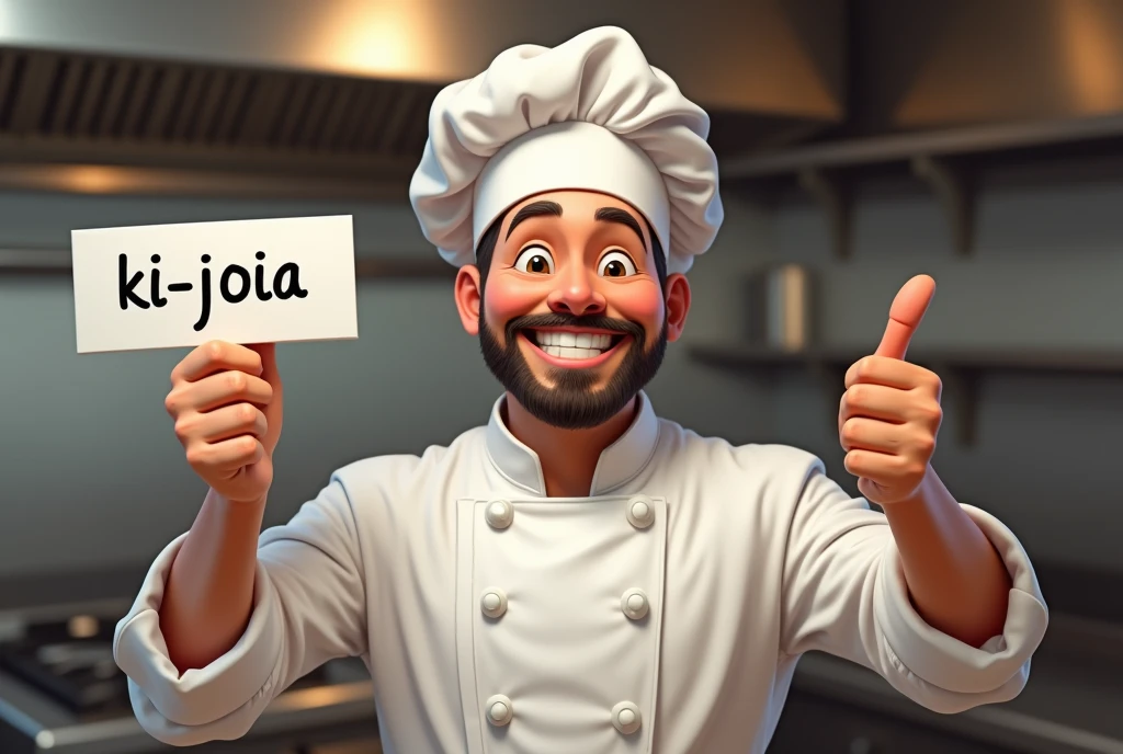 realistic image of a smiling chef making the thumbs up sign and holding a sign with the inscription "Ki-Joia" In the other hand