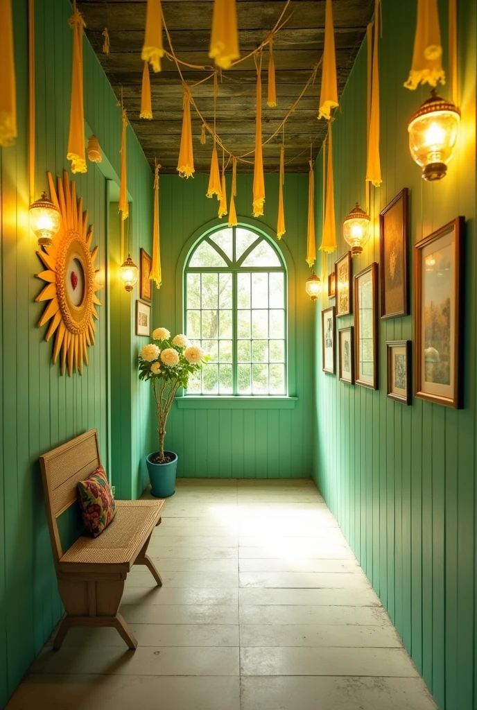 Make a hallway with green wall color, with yellow fabric ribbons, with pictures hanging on a rope in the shape of a frame with a sun design on the walls on the side,
