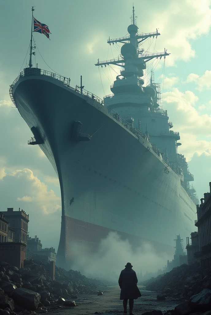 A giant ship, With the size of half a city and flags of the United Kingdom, destroying a city