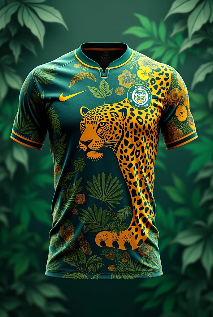 Football Shirt Details: Amazonia, jaguar and indigenous painting , on the top left side number 15 and on the right a golden tree