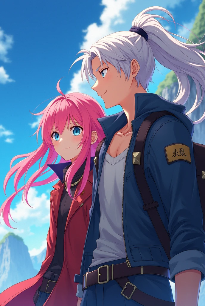 create a young man with long pink hair who meets another young man with tied up and long white hair anime fanart art well done then they go on an adventure together 