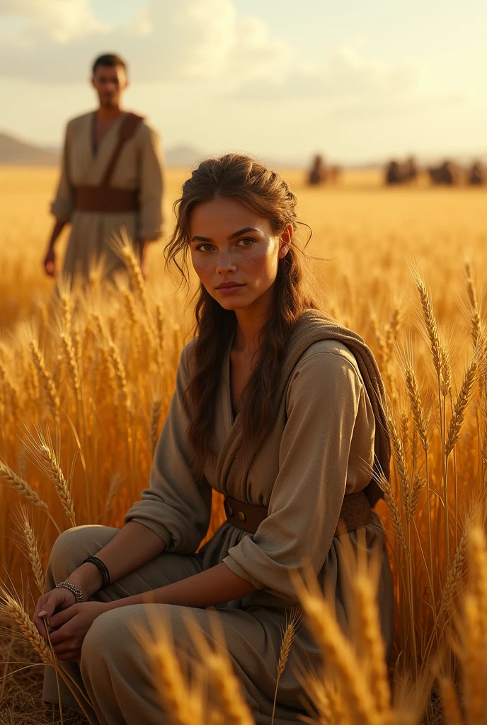 Generate realistic images of Ruth the Moabite working in a wheat field. While the owner of the field watches her with the migration 
