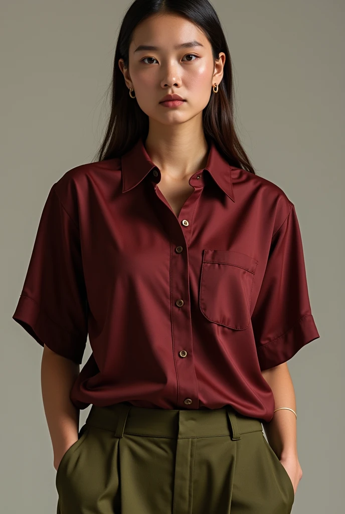 A reddish wine colored interclass shirt with olive green