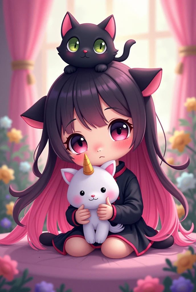Girl with long pink and black hair and black eyes and a black cat on her head with green eyes and a unicorn stuffed animal in her hand, sitting, chibi anime style