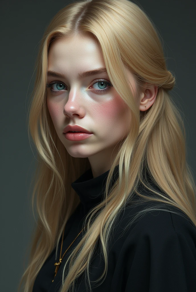 Create an image of a young woman named Apocalypse Mirovanov. She has pale skin and long golden hair that falls in soft waves down to her waist. Her eyes are unique and captivating: one is a deep lilac, and the other is cyan blue. She has delicate features, including a well-defined jawline and full, rosy lips. Her figure is slender but exudes an underlying strength. Apocalypse dresses in a practical yet elegant manner, reflecting her noble origins without excessive ostentation. She should have an expression that combines determination with a subtle melancholy