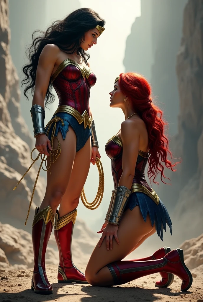 Two Wonder Women, one standing with long black hair in the original Wonder Woman outfit, holding gold lasso in her hand, athlete, muscular body, red knee high boots and silver bracelets, the other on her knees with long, red hair in a braid, athletic body, holding axe in her hand, a black jumpsuit and red thigh high boots with gold trim, silver bracelets, Wonder Woman diaema