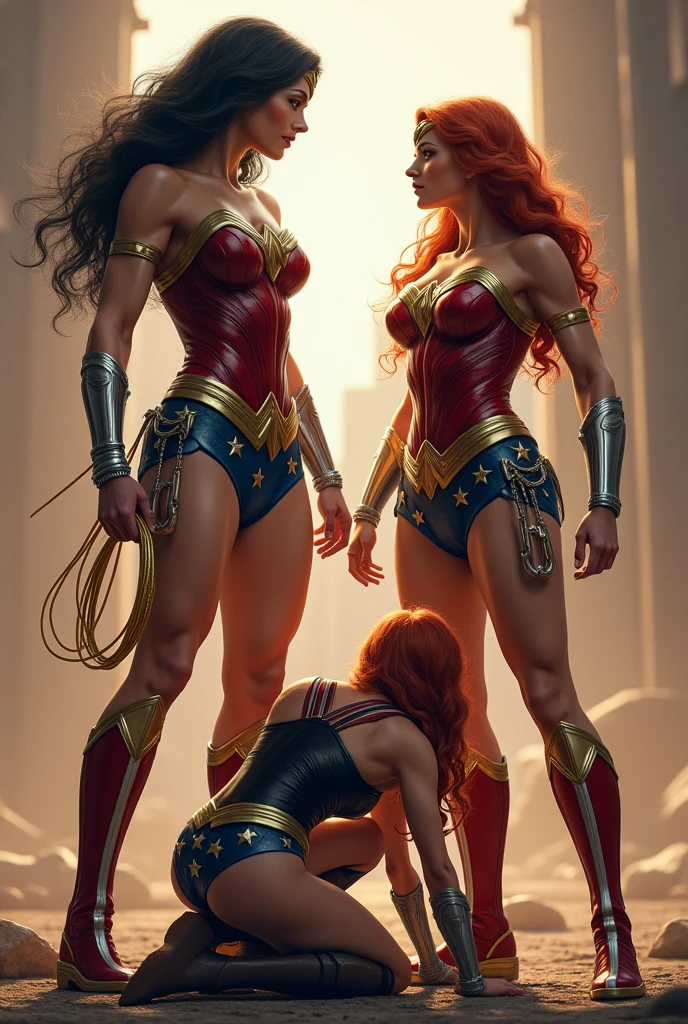 Two Wonder Women, one standing with long black hair in the original Wonder Woman outfit, holding gold lasso in her hand, athlete, muscular body, red knee high boots and silver bracelets, the other on her knees with long, red hair in a braid, athletic body, holding axe in her hand, a black jumpsuit and red thigh high boots with gold trim, silver bracelets, Wonder Woman diaema 