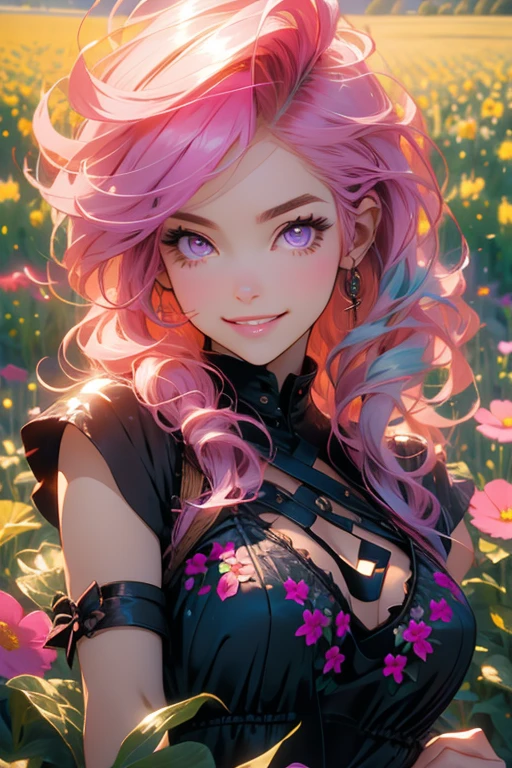 Perfect face. Perfect hands. A pink haired woman with violet eyes with an hourglass figure in a floral lingerie is smiling in a field of flowers
