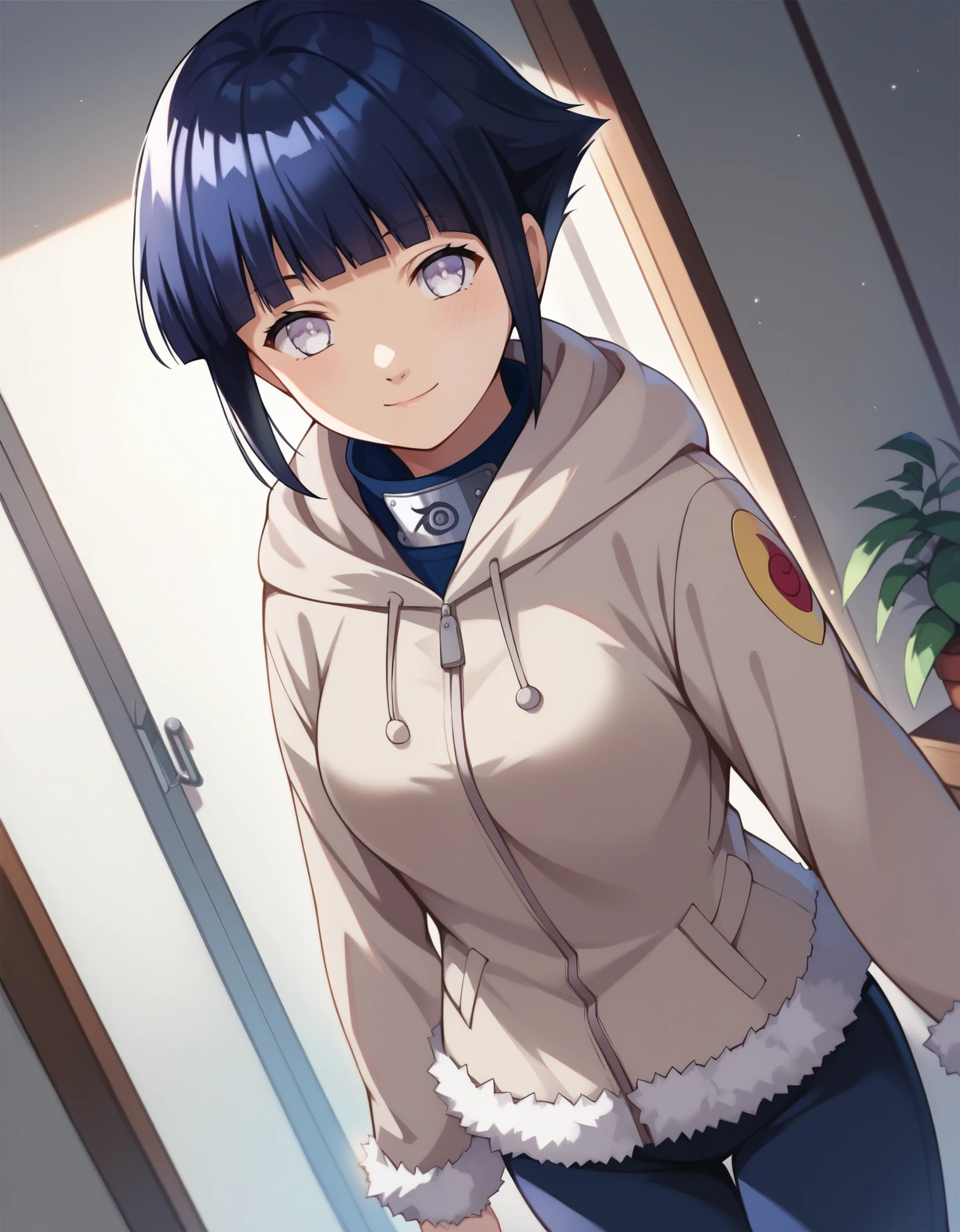 score_9, score_8_up, score_7_up, source_anime, hinata hyuga, short hair, white eyes, bangs, blunt bangs, medium breasts,, long sleeves, pants, hood, konohagakure symbol, fur trim, jacket,, indoors, smile, looking at viewer, solo,, cowboy shot, dutch angle