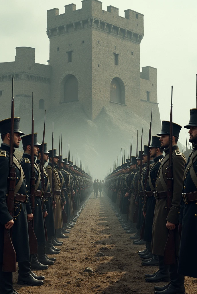 French and German soldiers face off on a battlefield, with the fortress of Verdun in the background.