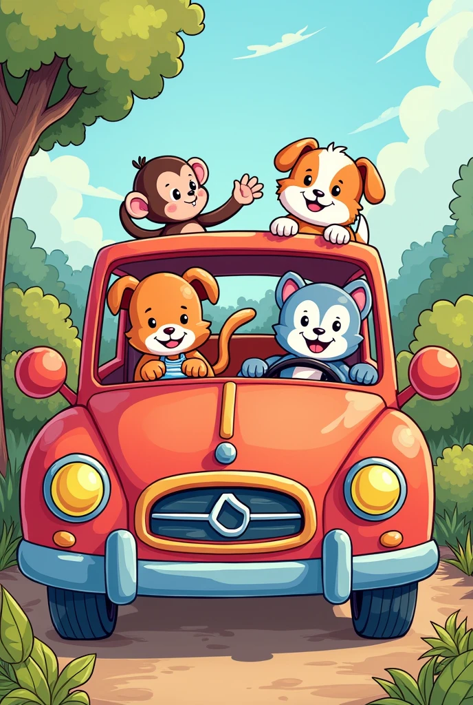 Animals inside a car for children to color