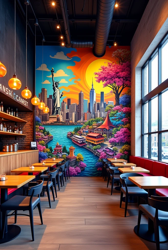 Create an image of a fast-food restaurant with murals on the walls that represent different cities and cultures from around the world, like New York, Tokyo, and Mexico City. The murals should be colorful and vibrant, showing famous landmarks and cultural symbols with a street art and graffiti style. The restaurant should have an industrial design with exposed brick walls, metal and wood furniture, and bright hanging lights. The overall atmosphere should feel modern and urban
