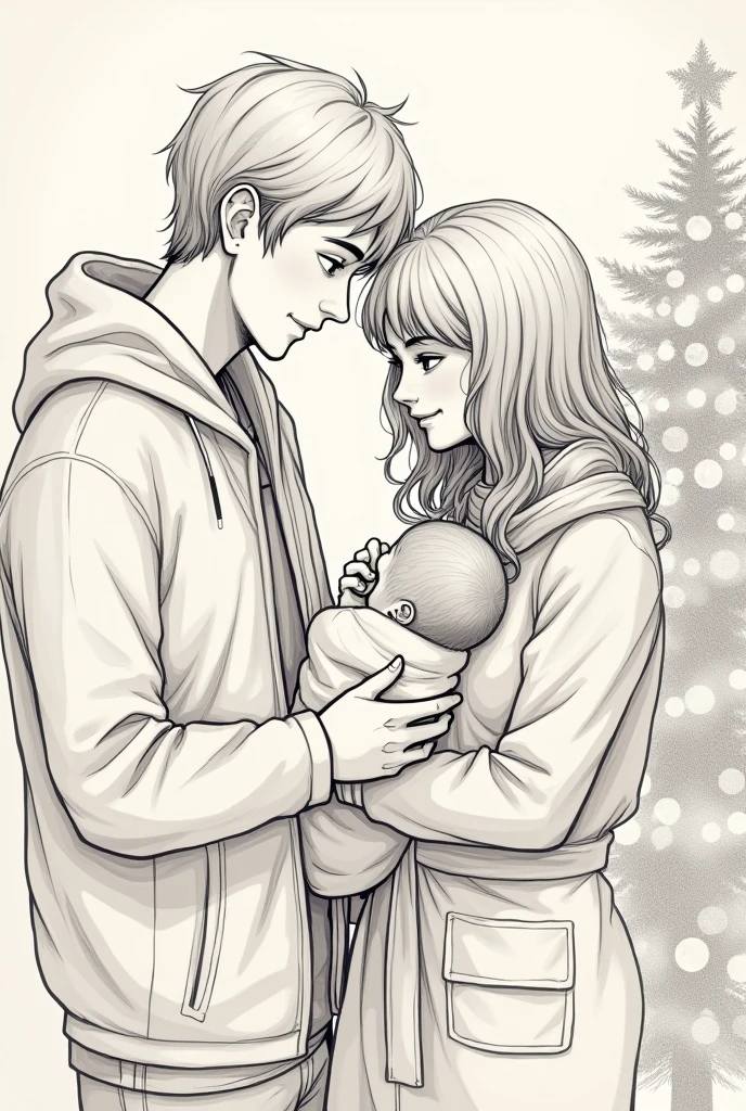 A couple celebrating Christmas together with the smelly newborn baby held by the mother. They are at home and there is a Christmas tree on the side. Make it minimalist to be a drawing reference