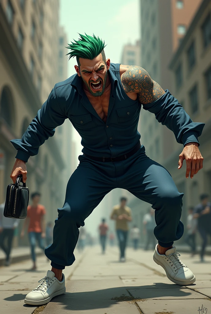 You can generate a man with a skull tattoo on his right shoulder,dyed green hair,Black muscle, Navy blue jumpsuit, White shoes. The thief who is stealing a purse from a woman must have an angry look and a feeling of desperation while committing the robbery. (that they are not so muscular)
