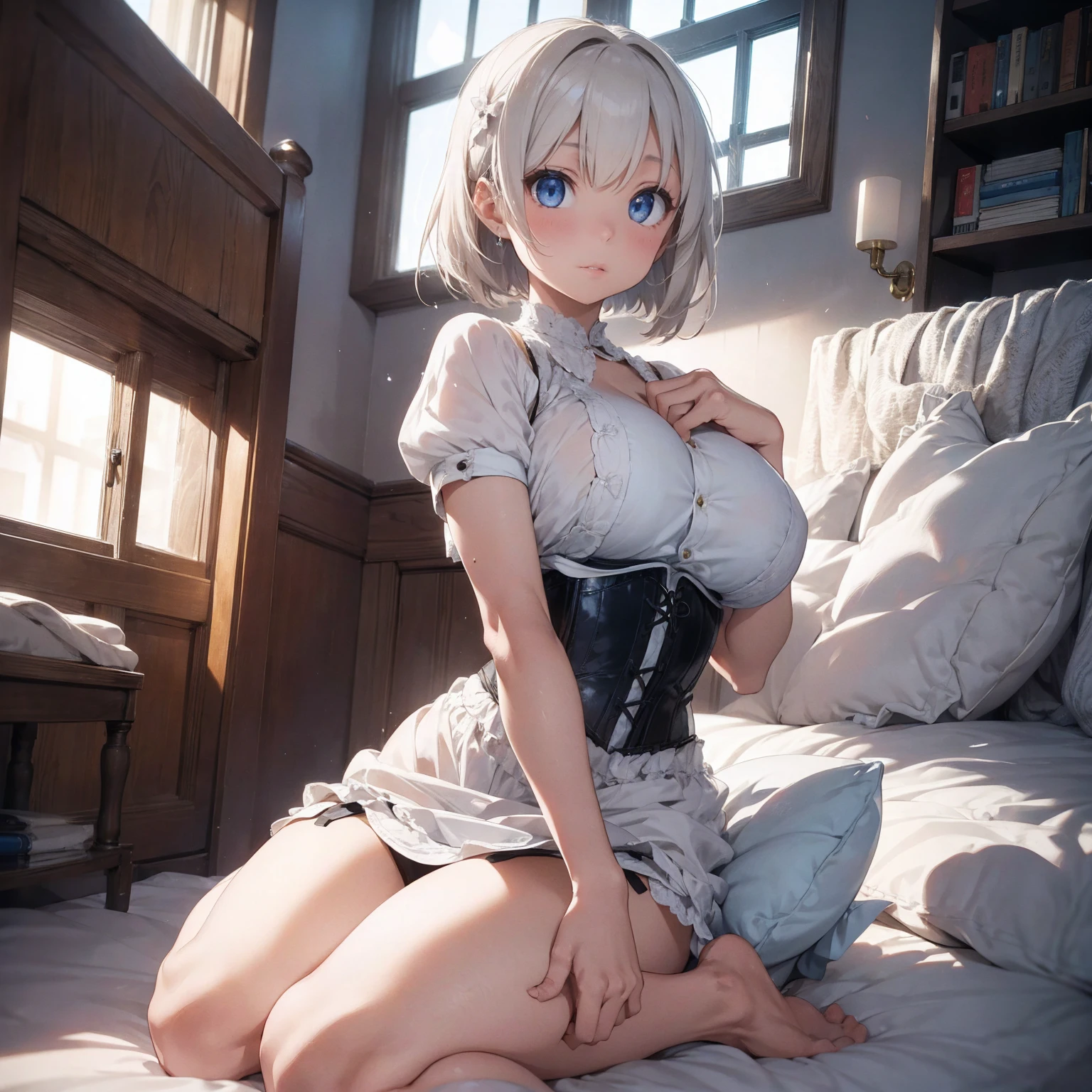 (Absurd Resolution:1.2), (ultra delicate:1.2), (masterpiece:1.2), (Photorealistic), (top-quality), BREAK (snow-white), Ask the ultra delicate Magic Mirror ,BREAK(cute 1girl), (ager), (finely detailed eyes and finely detailed face:1.2), BREAK (ultra fine-blue-cute-eyes:1.3), (Expression ultra detailed Glitter Pupil), (ultra detailed Expression eyelashes), BREAK (ultra delicate white medium bob cut hair, parted bangs), (beautiful Glossy lips), BREAK (slim body and gigantic breasts:1.3), narrow waist, leggy, curvy is body without muscles, BREAK (glossy realistic pale skin texture:1.2), (sweaty skin:0.4), precise anatomy, (4 defined fingers), (1 defined thumb), beautiful breathtaking expression, BREAK (intricate-corset-dress, Garter belt stockings:1.2),Ribbon on the back of the head , BREAK Seductive pose, (Crisp focus, eye focus:1.2), (full body shot, shoot from front, high angle shot), vibrant colors, professional lighting, BREAK Inside a ultra delicate luxurious castle room,