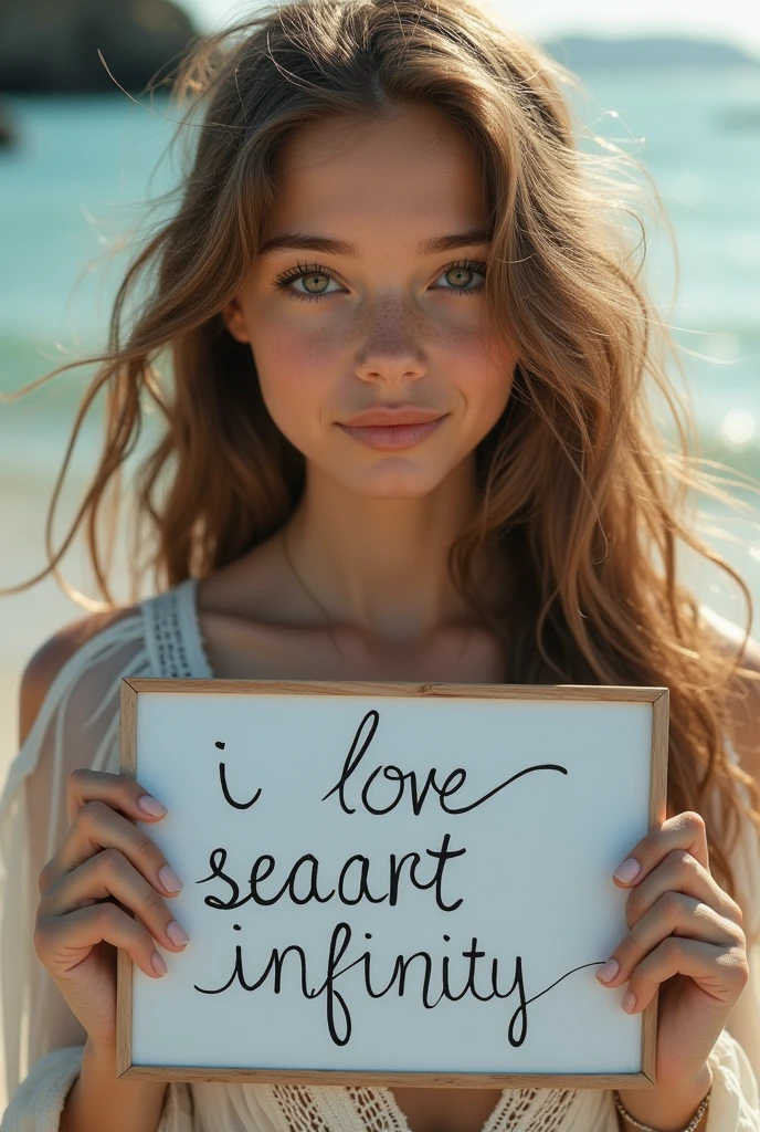 Beautiful girl with wavy long hair, bohemian dress, holding a white board with text "I Love Seaart Infinity" and showing it to the viewer
