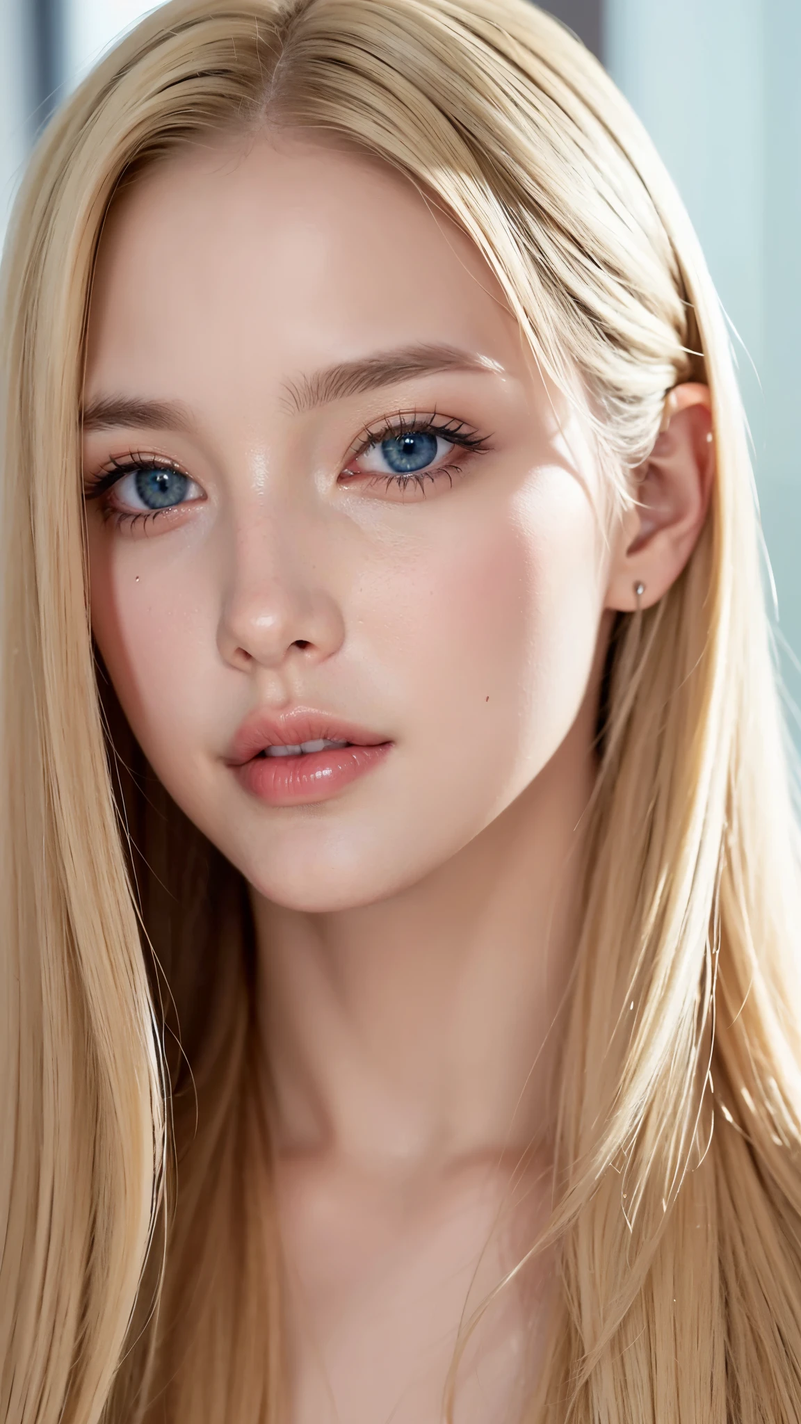 Close up of face natural blonde blue eyes long blonde hair perfect face olhar desafiador 