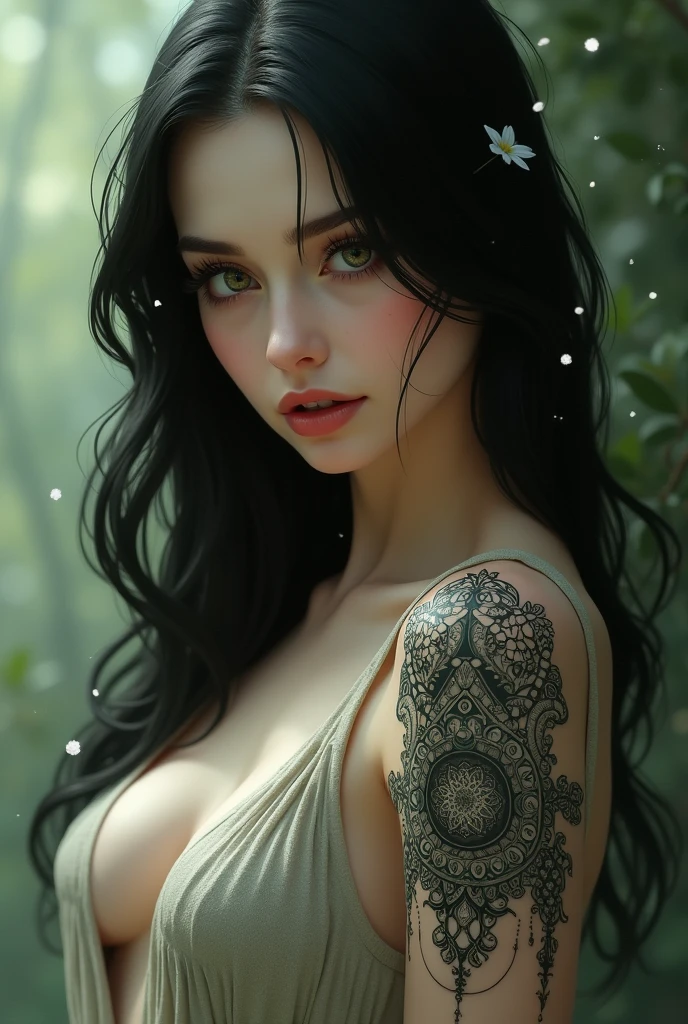  Gico 2 Black hair, smooth and slightly long.
green eyes, torn and black medium lashes.
White skin and slightly teasing in her features.
A tattoo of lines forming a kind of mandala on his right arm. 
Dress elegantly and naturally, mostly with somewhat tight clothing.