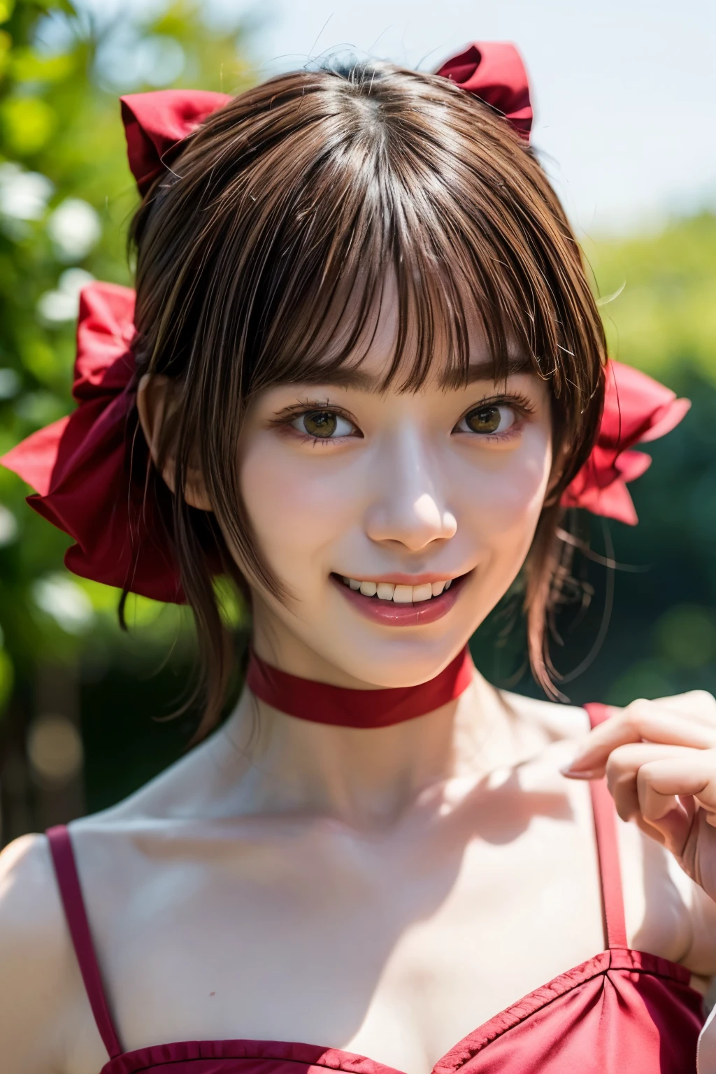  (photo-realistic,realistic:1.4), (best quality, masterpiece:1.2), RAW photo, high resolution, intricate details, extremely detailed, sharp focus, cinematic lighting,
solo, 1girl, a 14yo Japanese girl, (seductive pose), (detailed face, beautiful detailed eyes, beautiful pupils, sophisticated nose), pale skin, (cheerful grin),
(brown hair, short hair, bangs), collarbone, cotton clothes, long sleeve, white shirt, blooch tie, (red cami dress), red choker, (red hair ribbon barrette), red ankle strap pumps, photo background, outdoors,
