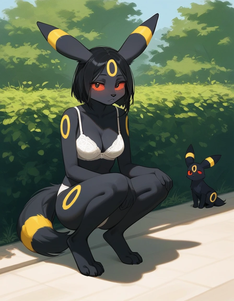 alone, score_9,score_8_up,score_7_up, anthro female umbreon, red sclera, black eyes, white bra, white panties, outdoors, squatting, hiding in bushes.