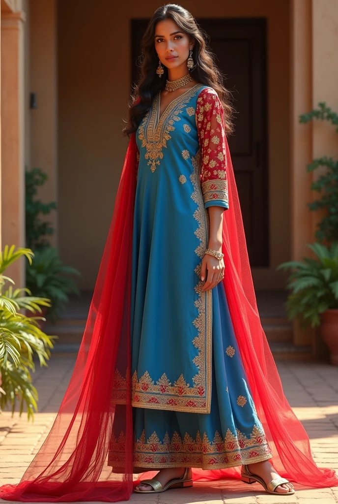 Blue Kurti with red net dupata. 
