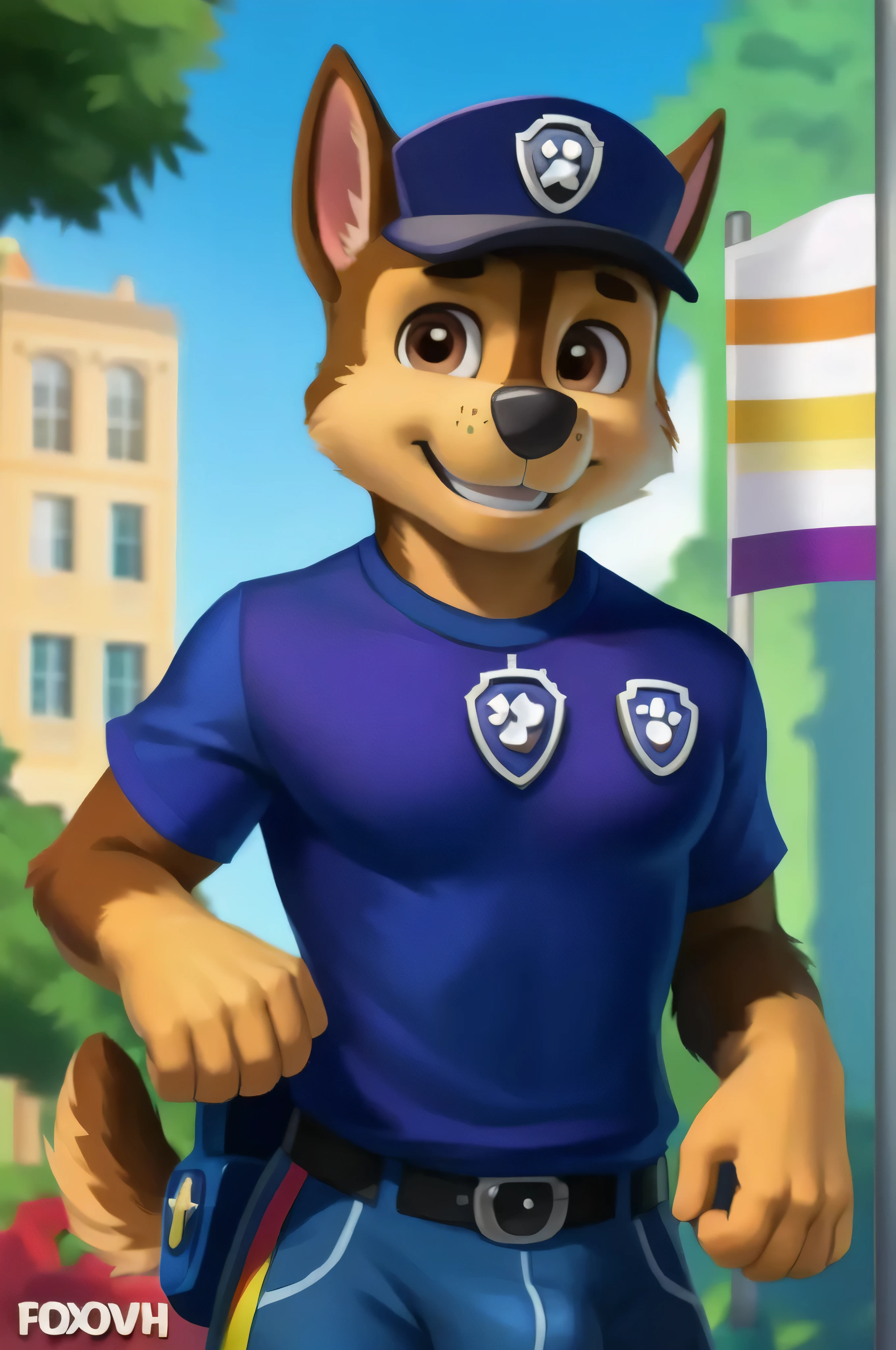 Chase (Paw Patrol) detailed fluffy fur texture, impasto impressionism, (by foxovh, ross tran, michael garmash, pino daeni, iskra), detailed eyes, highly detailed pupils, single, furry, anthro,  domestic dog, male, brown eyes, brown fur, light brown body, fur body, fully clothed, detailed fluffy fur texture, curves, wide hips, furry inner ears, front facing, standing, holding LGBT flag, wolf print t-shirt, rainbow shorts, gay parade background, day, 1 adult, sexy smile, big pecs, big bulge.