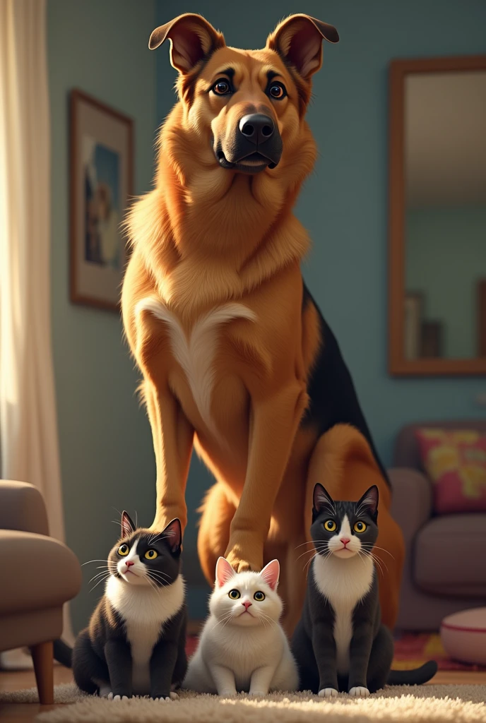Create a dog on top of three cats