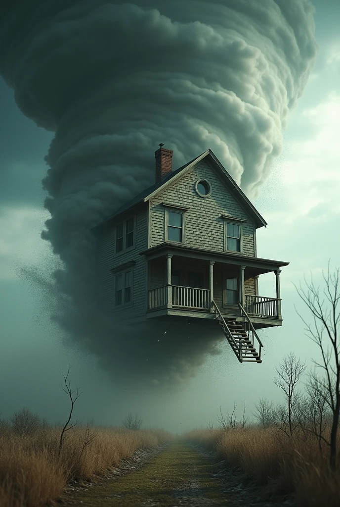 A house flying inside of a tornado