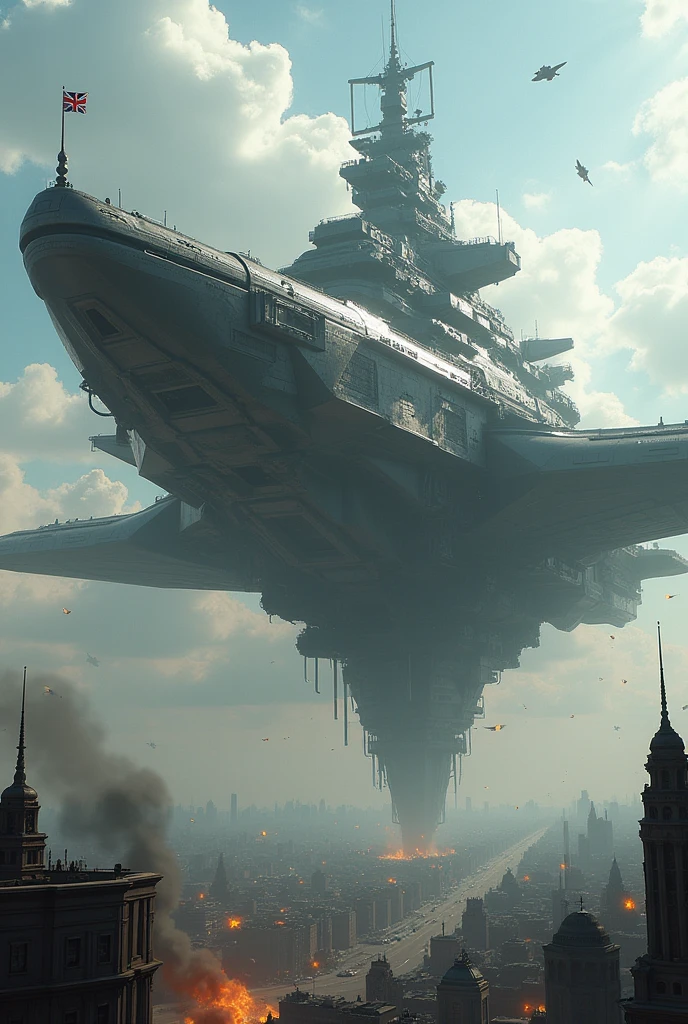 A futuristic flying giant ship, With the size of half a city and flags of the United Kingdom, destroying a city