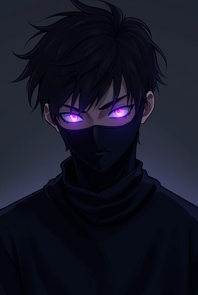 create a youtube banner of a 19 year old boy with purple glowing eyes and slightly spiky hair with an evil and intimidating look with a black sweatshirt and a black mask covering his nose and mouth , 2D Anime .