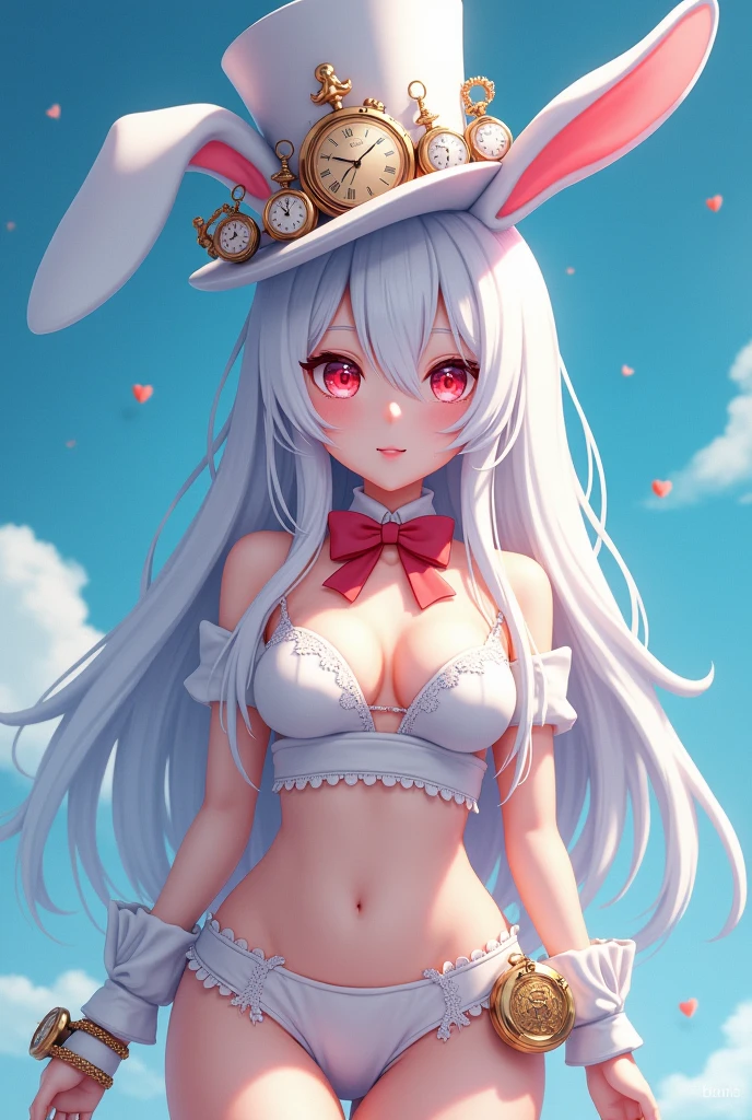 There is one cute girl with long white hair, red eyes, a white bunny girl outfit, and a big chest.ＶBunny girl outfit with openings in the middle. Please reduce the amount of fabric in the outfit. Red ribbon around the neck. Small pocket watch on the right side of the waist. (Put a big white top hat on me) Put bunny ears on the top hat, put lots of small pocket watches on the side of the top hat, draw him facing forward from the waist up, and make the background blue.