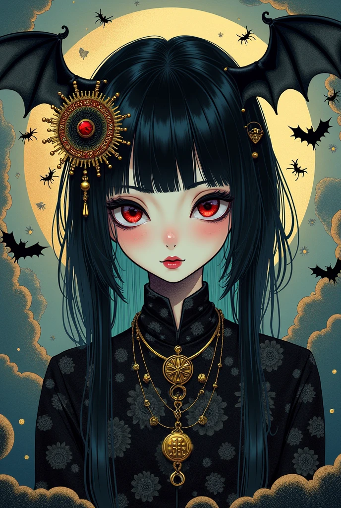 japanese goth kawaii girl, (abstract art:1.2), fractal art, psychedelic art, (style of Yuko Shimizu:1.1), red theme, dark theme, 1girl, thorns, hair ornament, somber expression, metallic gold accent, masterpiece, best quality, ultra high res, award-winning art, highly detailed, beautiful, aesthetic, in the style of sci-fi french illustrator and cartoonist moebius, bats, spiders,