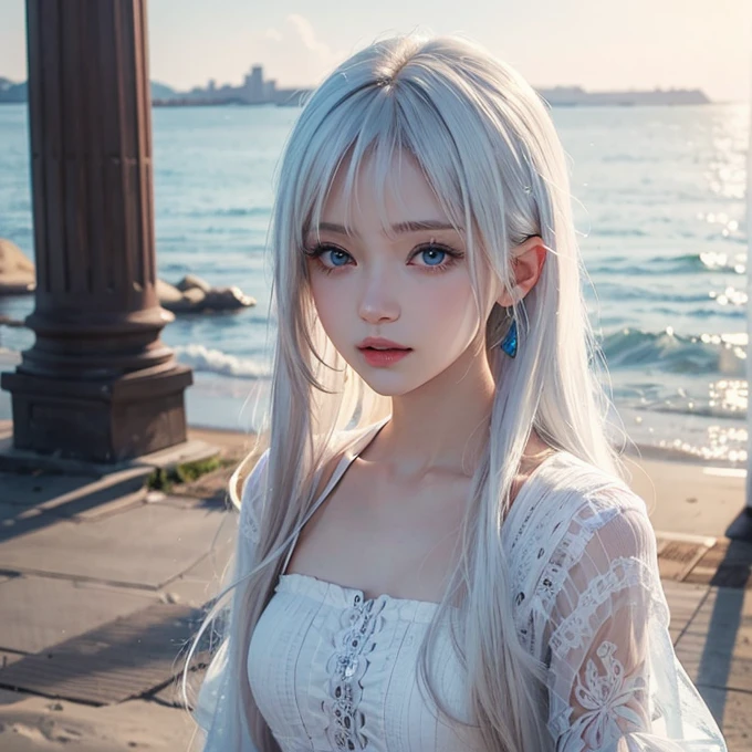 Anime girl with long white hair and blue eyes standing on the beach, artwork in the style of Gu Weiss, Gu Weiss, White hair girl, White-haired deity, Gu Weiss on pixiv artstation, Perfect white-haired girl, Gu Weiss on artstation pixiv, Detailed digital anime art, Beautiful anime portrait, Clean and detailed anime art