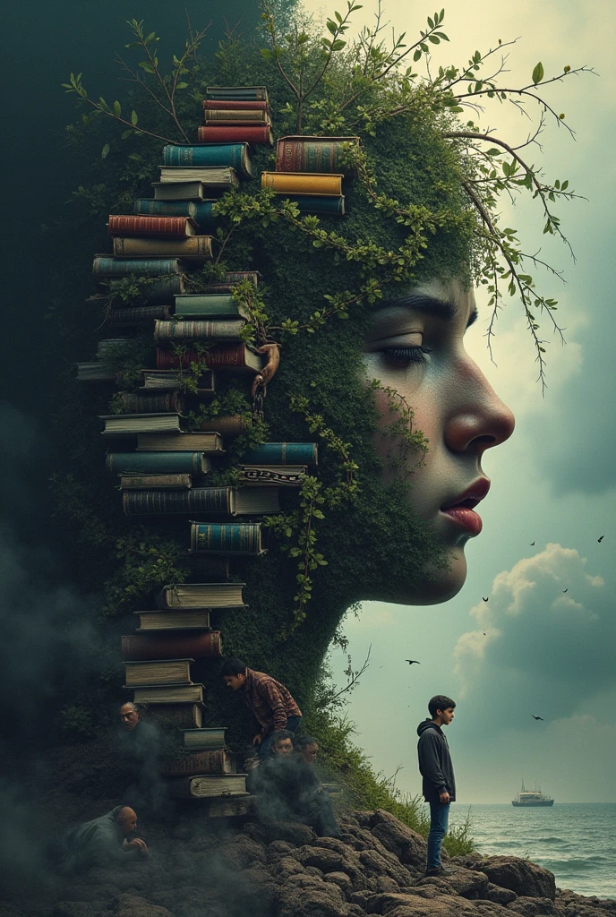 Here’s a refined version of the image concept that focuses primarily on the stresses youth face without directly showing the breaking techniques. The image will emphasize the weight and impact of stress while hinting subtly at the possibility of relief without explicitly showing the methods.

---

### Image Description: **Youth Mental Health: The Weight of Stress**

**Overall Concept:**
- **Theme:** Youth Mental Health
- **Headlines:** Centered at the top of the image, in bold, distressed font: **"Youth Mental Health: The Weight of Stress."** The text should have a heavy feel, almost pressing down on the scene below.

**Layout:**
- **Vertical Split:**
  - The image is split vertically into two sections. The larger portion, on the left, represents the overwhelming presence of stress. The smaller portion, on the right, hints at the possibility of relief but remains subtle.

**Left Side (The Overwhelming Stress):**
- **Color Scheme:** Heavy, dark tones—black, deep blue, and grey—dominate this side, giving it a suffocating atmosphere.
- **Imagery:**
   1. **Study Stress (Crushing Pressure):**
      - A student sits hunched under a massive stack of books that seems to press down on them. Their desk is cluttered with papers, and their face shows deep exhaustion. The shadows of the books extend beyond, covering everything in darkness.
      - Above the figure, in bold, heavy text: **"Study Stress."**

   2. **Life Stress (Entangled in Vines):**
      - A young person stands in the center, wrapped in thick, thorny vines that represent various life pressures—social media icons, clocks, and bills dangle from the vines, pulling them in different directions.
      - The text **"Life Stress"** is embedded within the vines, blending in to show how deeply life’s pressures are entangled with them.

   3. **Family Stress (Heavy Chains):**
      - A teenager is shackled by thick, rusty chains that stretch towards shadowy figures in the background, representing family conflicts. The c