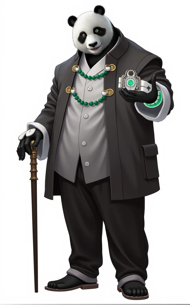 (masterpiece, top quality, best quality, official art,beautiful and aesthetic:1.2),(4k,8k, best quality,masterpiece:1.2),(((white background))), solo,Game character, the panda person, a game character inspired by pandas, wearing a black and white robe, adorned with a jade bead necklace and bracelet, viewed from multiple angles including back view and side view, holding a cane. The structure is clear and accurate, with a modern realistic representation and consistent lighting that looks natural and believable.