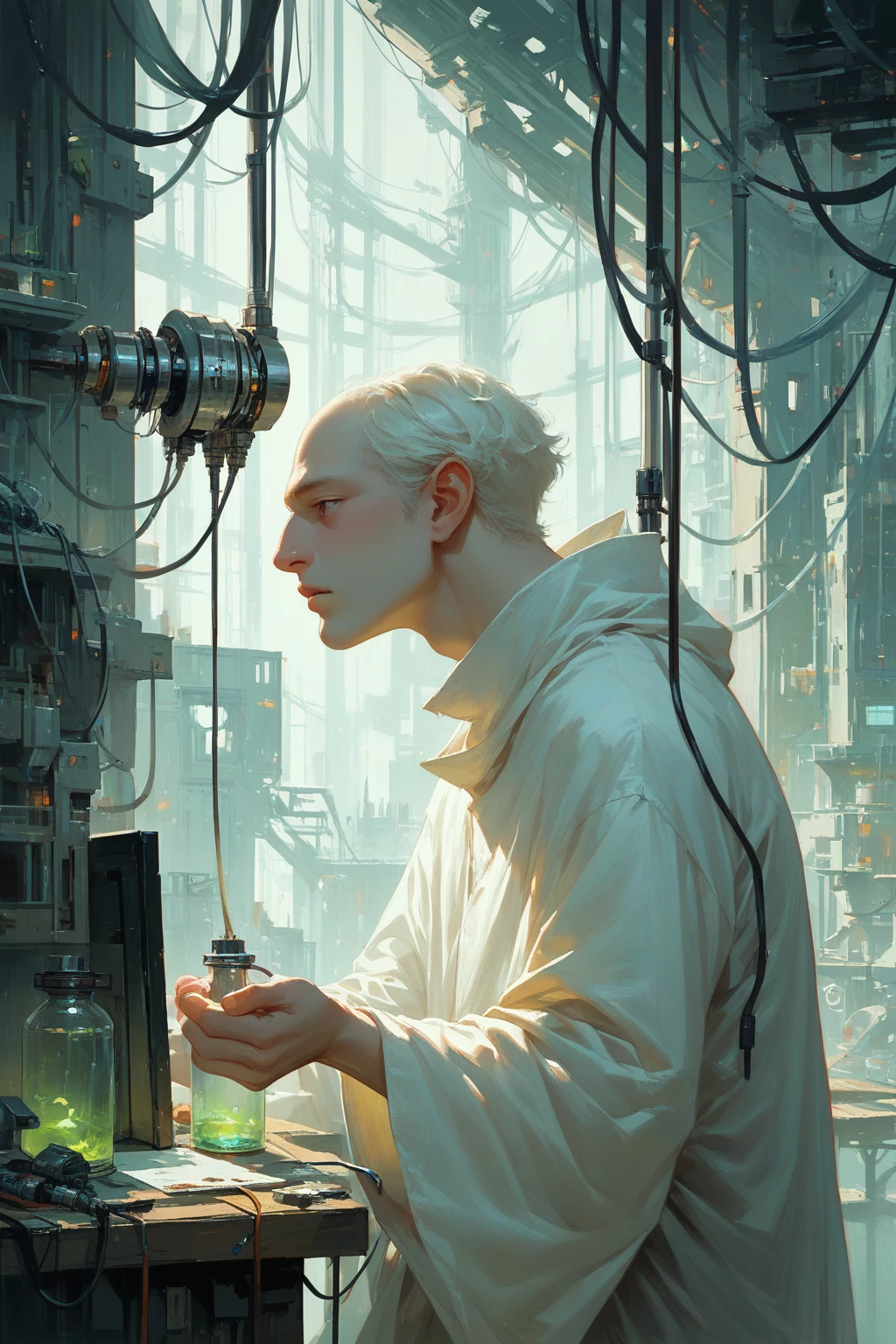 Painting style conceptual art, [[MALE}} a tall albino celestial being with modern and futuristic clothing, supreme, the scene is captured from the side, he is in a laboratory, and is in front of a large genetic cryogenic tube, inside the glass tube, It is possible to see an albino monkey, with wires connected to him, he is in the fetal position, digital painting style art