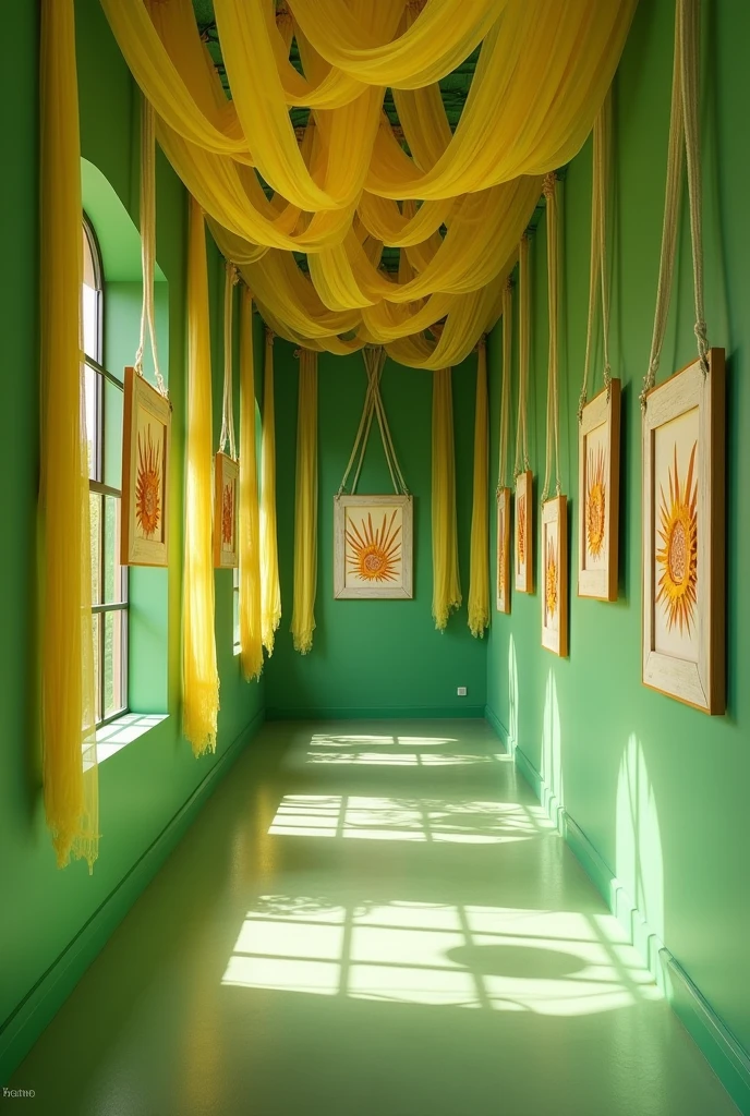 Make a hallway with green wall color, with yellow fabric ribbons down to the floor,   with pictures hanging on a rope in the shape of a frame with a sun design on the walls on the side