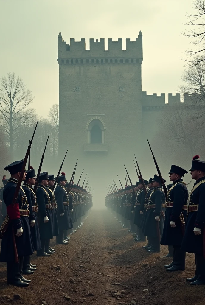 French and German soldiers face off on a battlefield, with the fortress of Verdun in the background.