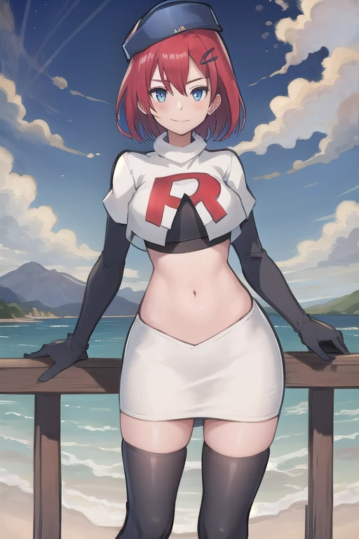 best quality, (masterpiece:1.2), illustration, absurdres, (1girl, solo, beautiful detailed girl),
Emily, short hair, red hair, hair ornament, hairclip, blue eyes, medium breasts,
garrison cap, team rocket,team rocket uniform,white skirt,red letter R,crop top,black thigh-highs,black elbow gloves,
field, sky, clouds, distant mountains,
looking at viewer, 