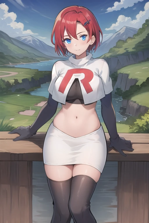 best quality, (masterpiece:1.2), illustration, absurdres, (1girl, solo, beautiful detailed girl),
Emily, short hair, red hair, hair ornament, hairclip, blue eyes, medium breasts,
garrison cap, team rocket,team rocket uniform,white skirt,red letter R,crop top,black thigh-highs,black elbow gloves,
field, sky, clouds, distant mountains,
looking at viewer, 