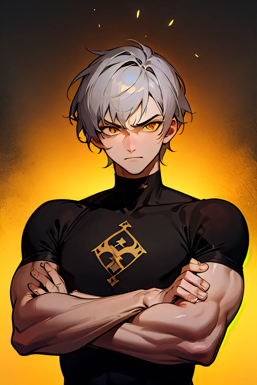 best qualityer, naughty man de 20 anos, naughty man medieval, Medieval warrior, naughty man, detailedeyes, short gray hair, beautiful yellow eyes, serious expression, black jersey (black jersey), athletic body, half body art, biceps a mostra, face detailed, crossed arms
